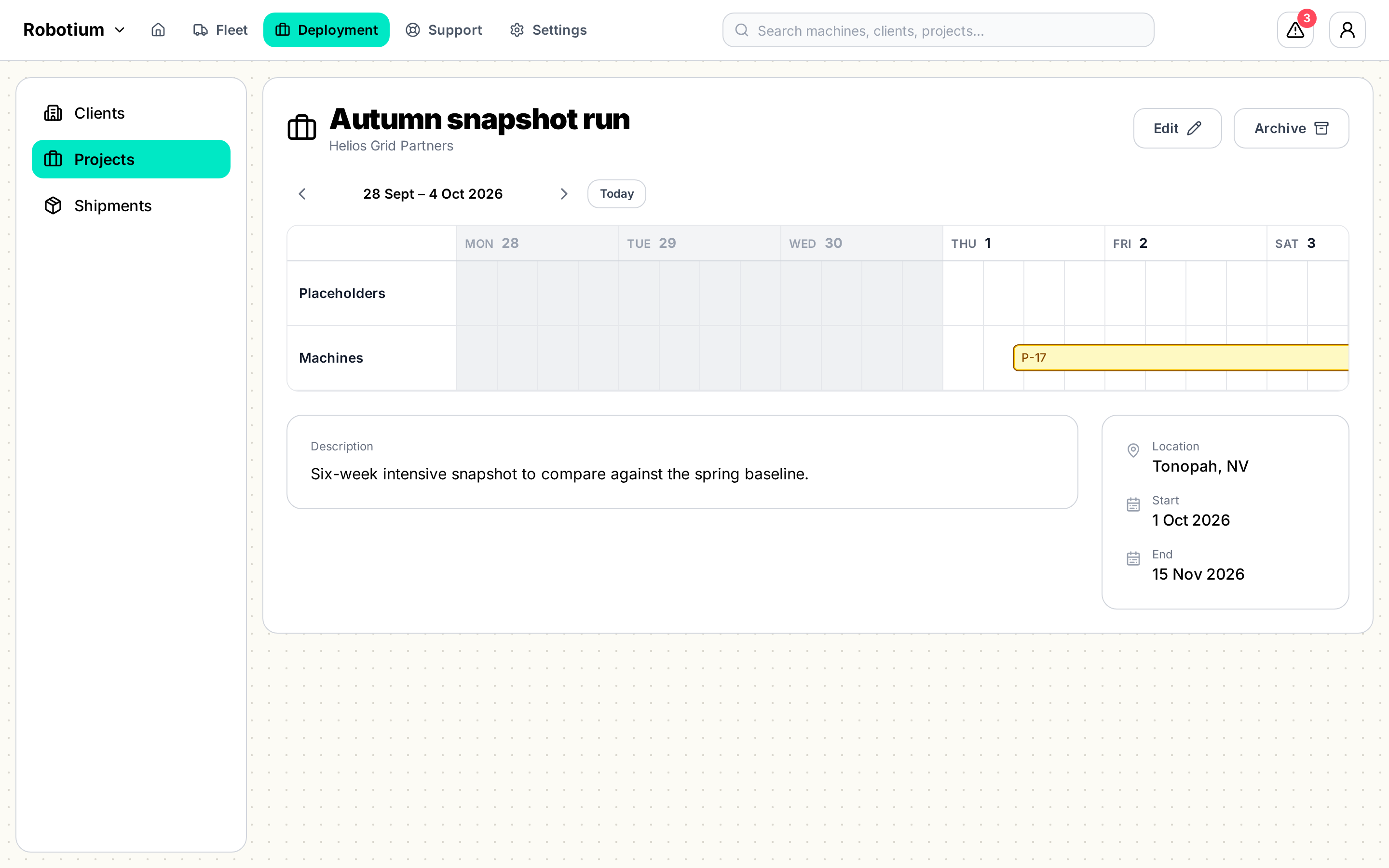 Alerts page showing project deployments with missing robot coverage