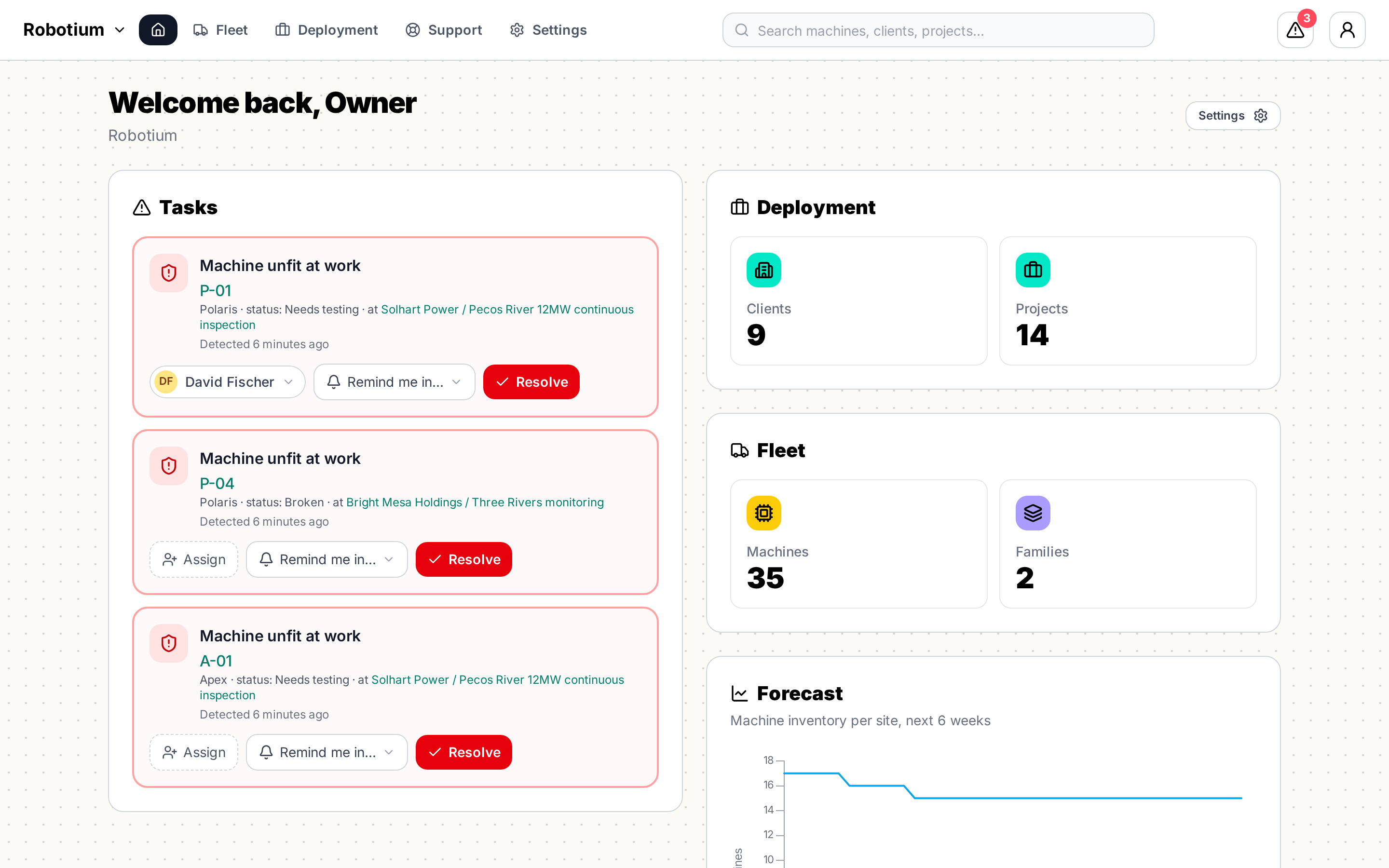 RobotLife dashboard with fleet stats and machine inventory forecast