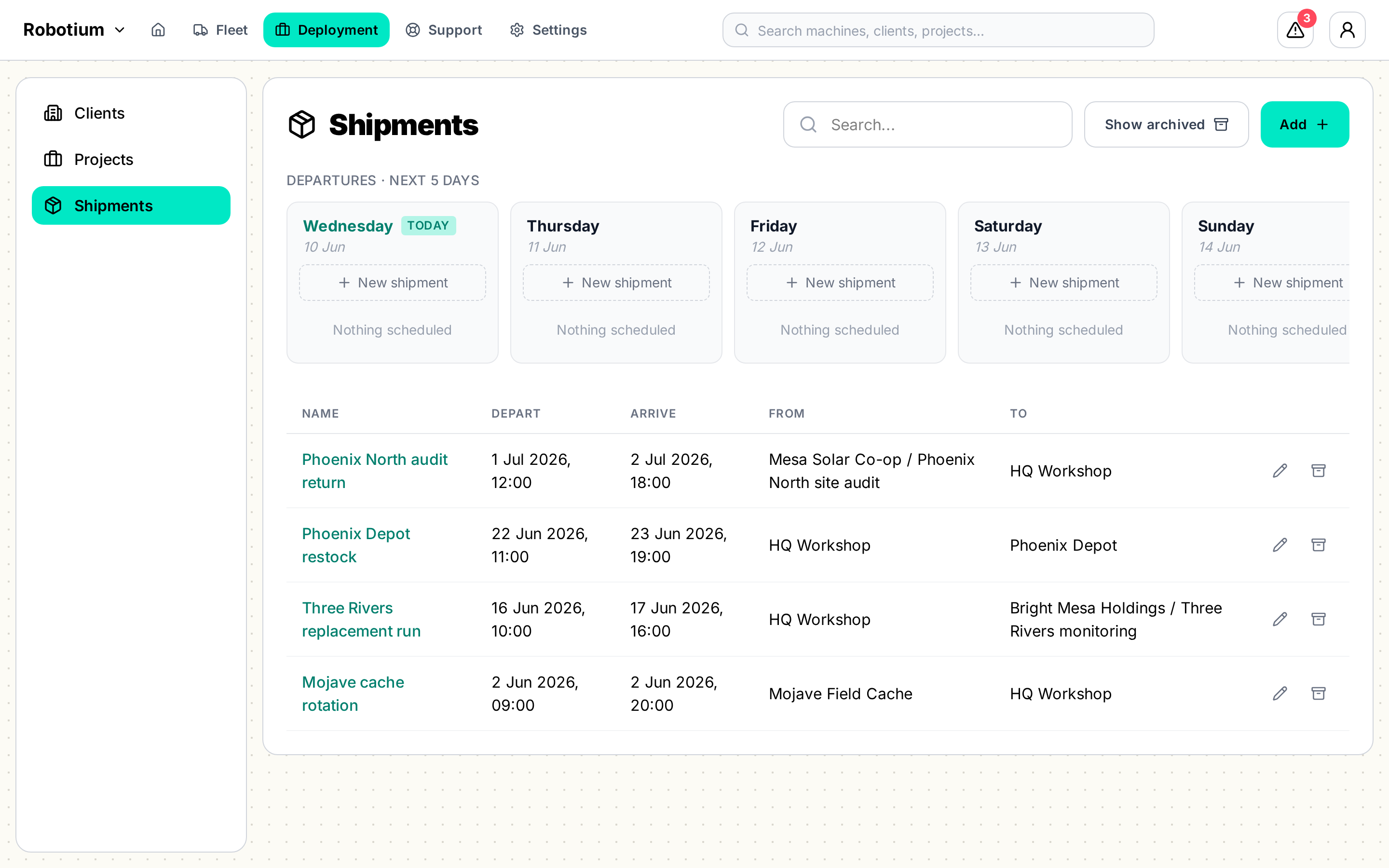 Project planning timeline showing robot deployments across a week