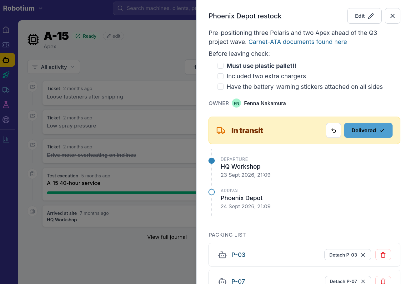 Shipment plan showing robots assigned to upcoming deployments