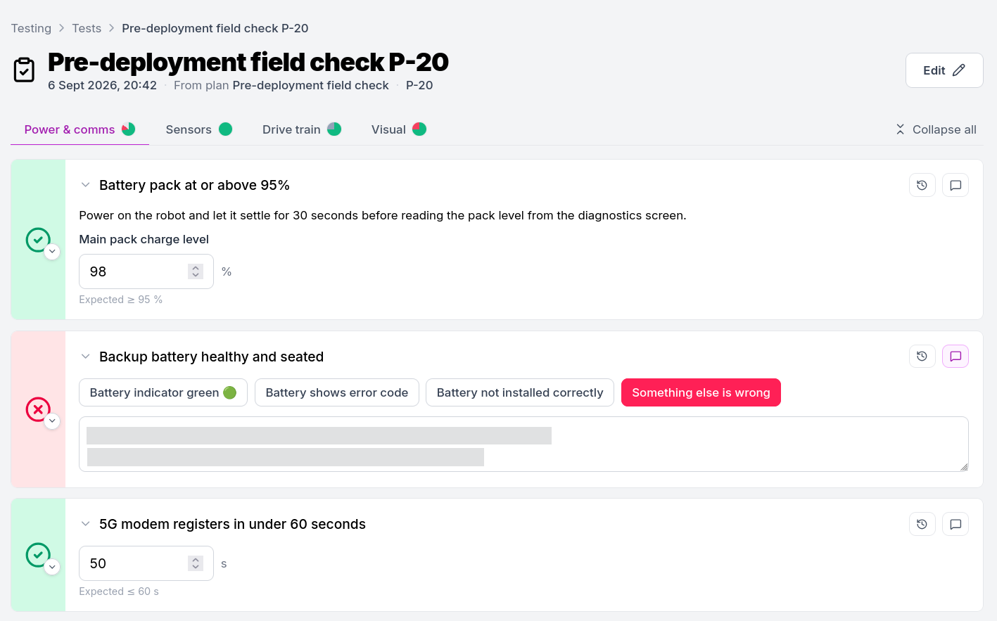 A robot's testing history timeline with recorded results