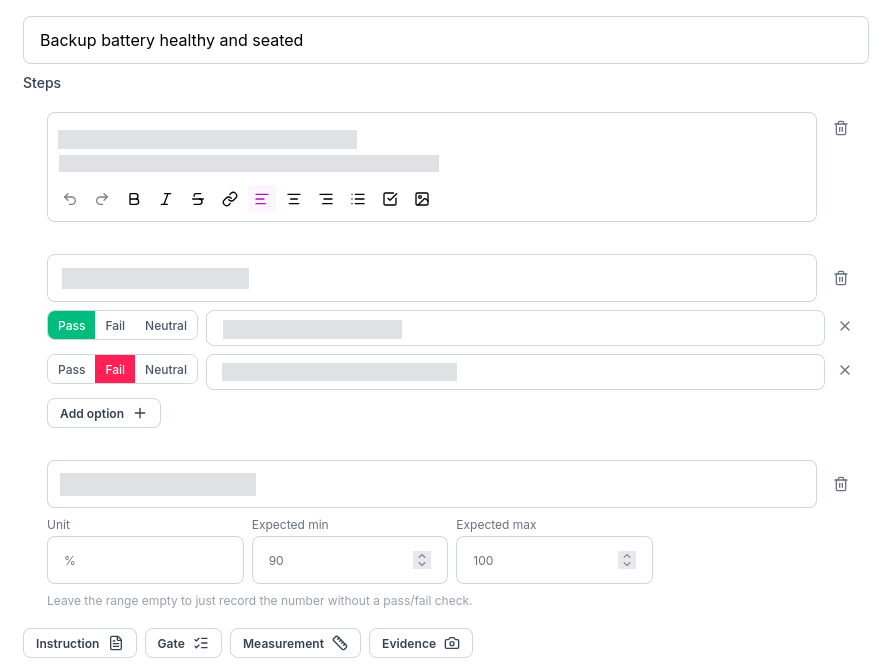 A screenshot of how a single testcase with testing steps is configured.